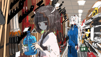 2girls alternate_costume animal_ears blue_jacket blue_pants blue_track_suit blunt_bangs bottle breasts brown_hair ceiling_light closed_mouth commentary_request fox_ears fox_girl hands_up headgear highres holding holding_bottle indoors jacket japanese_clothes kabuyama_kaigi kimono large_breasts long_hair looking_at_viewer looking_to_the_side multiple_girls pants red_eyes shelf shopping short_hair short_twintails siblings sisters standing supermarket tools touhoku_itako touhoku_kiritan track_jacket track_suit twintails voiceroid water_bottle white_hair white_kimono