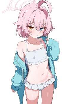 1girl absurdres ahoge aqua_jacket armpit_crease bikini blue_archive blush collarbone flower frilled_bikini frills hair_flower hair_ornament halo heterochromia highres hoshino_(blue_archive) hoshino_(first_year)_(blue_archive) hoshino_(swimsuit)_(blue_archive) jacket jacket_partially_removed loli looking_at_viewer navel official_alternate_costume open_clothes open_jacket pink_hair saho_4545 simple_background single_bare_shoulder solo stomach sweatdrop swimsuit thighs white_background white_bikini