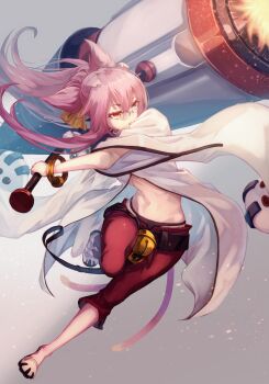 Rule 34 | 1girl, animal ears, bangle, bell, belt, black belt, black panties, blazblue, bracelet, breasts, capri pants, cat ears, cat tail, full body, glasses, grey background, groin, hair between eyes, hair ribbon, highres, holding, holding weapon, huge weapon, jewelry, jingle bell, kokonoe (blazblue), long hair, midriff, multiple tails, navel, online neet, open fly, panties, pants, pince-nez, pink hair, ponytail, red pants, ribbon, sidelocks, simple background, slit pupils, small breasts, solo, stomach, tail, two tails, underwear, weapon, wide sleeves, yellow eyes, yellow ribbon