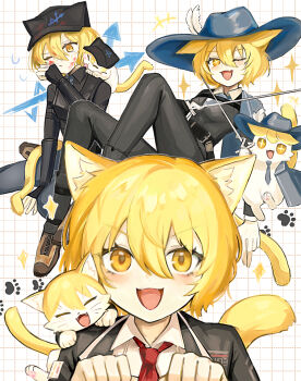 >:) 1girl :d animal animal_ears animal_on_shoulder animalization armor belt black_belt black_pants black_shirt blonde_hair blood blood_on_face blue_necktie blush brown_shoes cat_ears cat_tail cinq_association_south_uniform collared_shirt don_quixote_(project_moon) fang fangs grid_background hair_between_eyes hands_up hat hat_feather hat_with_ears holding holding_sword holding_weapon large_hat licking licking_another's_face limbus_company looking_at_viewer multiple_girls multiple_views necktie notice_lines one_eye_closed open_mouth pants paw_pose paw_print project_moon ro/ku shirt shoes short_hair simple_background smile sparkle sword tail v-shaped_eyebrows w_corp._(identity)_(project_moon) weapon white_shirt yellow_eyes