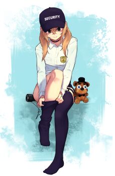 1girl absurdres black_choker black_thighhighs blonde_hair breasts choker collared_shirt dressing five_nights_at_freddy's flashlight freddy_fazbear green_eyes highres long_hair medium_breasts raynlikerain shirt sitting solo stuffed_toy thighhighs vanessa_(fnaf) very_long_hair white_shirt zettai_ryouiki