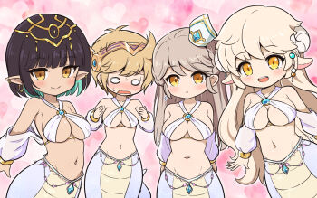 4girls bishop_(maplestory) black_hair blank_eyes blonde_hair blush breasts closed_mouth colored_inner_hair commentary_request dancer earrings evan_(maplestory) green_hair grey_hair hoop_earrings jewelry khali_(maplestory) lamia lara_(maplestory) large_breasts long_hair looking_at_viewer maplestory monster_girl multicolored_hair multiple_girls navel nekono_rin nose_blush open_mouth parted_lips pointy_ears short_hair smile teeth upper_teeth_only wavy_mouth yellow_eyes