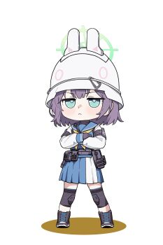 1girl 686panda absurdres black_boots black_gloves blue_archive blue_sailor_collar blue_shirt blue_skirt blush boots chibi closed_mouth colored_shadow crossed_arms full_body gloves green_eyes halo headgear helmet highres knee_pads lace-up_boots looking_at_viewer neckerchief pleated_skirt purple_hair sailor_collar saki_(blue_archive) shadow shirt simple_background skirt solo standing v-shaped_eyebrows white_background white_helmet yellow_neckerchief