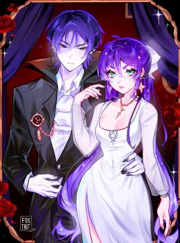 1boy 1girl ahoge alternate_costume aqua_eyes arm_at_side artist_name ascot bite_mark bite_mark_on_breast black_coat black_collar black_eyes black_nails black_pants black_sleeves blunt_ends border bow breasts bright_pupils cleavage closed_mouth coat collar collared_shirt contrapposto crescent crescent_necklace curtains dress ear_piercing earrings expressionless eyeliner eyeshadow fingernails flower foxtrot_(foxtrot_xx) frown furrowed_brow genshin_impact gold_border gold_necklace hair_between_eyes hair_bow hand_on_another&#039;s_hip hand_on_own_stomach hand_up high_collar highres jewelry lapels layered_sleeves long_hair long_sleeves makeup mona_(genshin_impact) necklace open_hands ornate_border pale_skin pants piercing pink_lips purple_hair red_background red_eyeliner red_eyeshadow red_flower red_rose rose scaramouche_(genshin_impact) see-through_clothes see-through_sleeves sharp_fingernails shirt short_eyebrows side_slit sidelocks star_(symbol) star_earrings tsurime twintails vampire_costume white_ascot white_bow white_dress white_pupils white_shirt white_sleeves