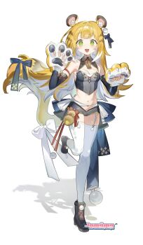 1girl alternate_costume animal_ears animal_hands artist_name black_shoes blonde_hair bow breasts bustier cleavage detached_sleeves fang full_body garter_belt garter_straps gloves green_eyes highres jamama ju_fufu loli long_hair looking_at_viewer navel open_mouth paw_gloves paw_pose shadow shoes simple_background solo standing standing_on_one_leg tail tail_bow tail_ornament thighhighs tiger_ears tiger_girl tiger_tail white_background white_garter_belt white_garter_straps white_thighhighs zenless_zone_zero