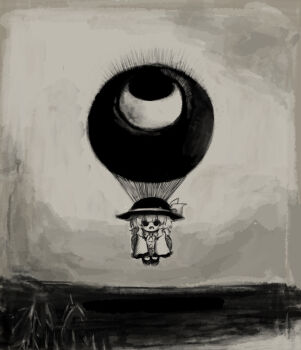 1girl aircraft balloon chibi chibi_only commentary_request eyeball full_body hair_between_eyes hanging hat hat_ribbon heripantomorrow komeiji_koishi long_sleeves looking_at_viewer open_mouth ribbon shirt shoes skirt smile solo touhou wide_sleeves