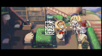 blonde_hair blunt_bangs book bookshelf breasts bush chair chibi coffee_maker coffee_mug coffee_pot collar collared_shirt cup des_moines_(warship_girls_r) gloves green_eyes hair_between_eyes headband lamp large_breasts letterboxed long_hair mkiiiiii mug multiple_girls newport_news_(warship_girls_r) room salem_(warship_girls_r) shirt short_hair warship_girls_r