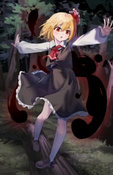 1girl absurdres ascot balancing black_vest blonde_hair blush boots brown_shoes collared_shirt commentary darkness frilled_skirt frills hair_ribbon highres knee_boots loafers long_sleeves open_mouth outdoors outstretched_arms red_ascot red_eyes red_ribbon ribbon rumia shirt shoes skirt skirt_set socks solo spread_arms touhou tree umbrakinesis vest white_shirt white_socks yorange17