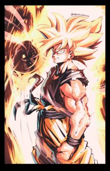 Rule 34 | 1boy, absurdres, aura, black border, blonde hair, blue shirt, border, commentary, cowboy shot, dodging, dragon ball, dragonball z, english commentary, green eyes, highres, looking at viewer, muscular, muscular male, noodlenood, orange pants, pants, shirt, solo, son goku, spiked hair, super saiyan, super saiyan 1, twitter username