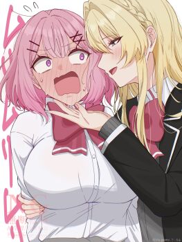 Rule 34 | 2girls, amaori renako, ashigaya high school uniform, black jacket, blonde hair, blue eyes, blush, bow, bowtie, braid, breasts, commentary request, flying sweatdrops, hand on another's chin, highres, jacket, large breasts, long hair, medium hair, multiple girls, nagomu 7 56, open mouth, ouzuka mai, pink bow, pink bowtie, pink hair, purple eyes, school uniform, shirt, side braid, simple background, smile, sweat, watashi ga koibito ni nareru wake naijan murimuri!, white background, white shirt, yuri