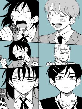 2boys 2girls :| ^_^ blazer closed_eyes closed_mouth collared_shirt commentary_request dress_shirt exhausted furrowed_brow futsuu_no_keion-bu greyscale_with_colored_background hatono_chihiro highres holding holding_microphone inusuki_kogeta jacket kouyama_rin medium_hair microphone multiple_boys multiple_girls music neck_ribbon necktie noro_ataru open_mouth pixie_cut portrait ribbon scene_reference school_uniform shaded_face shirt short_hair singing small_pupils sweat sweater_vest takami_kouki tall_hair teeth u_u v-shaped_eyebrows