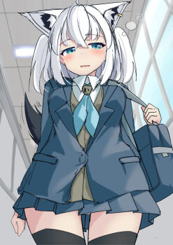 1girl absurdres ahoge animal_ears bag black_thighhighs blush breasts earrings fox_ears fox_girl fox_tail highres hololive jacket jewelry looking_at_viewer medium_breasts panties pantyshot shirakami_fubuki shirayuki_(snow_link) skirt solo tail thighhighs underwear white_hair