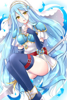 1girl armor azura_(fire_emblem) azura_(lady_of_the_sky)_(fire_emblem) blue_boots blue_gloves blue_hair blush boots breastplate breasts commentary_request dress elbow_gloves fingerless_gloves fire_emblem fire_emblem_fates fire_emblem_heroes gloves hair_between_eyes hand_on_own_chest hand_up highres holding holding_polearm holding_weapon jewelry kirishima_riona lance long_hair looking_at_viewer medium_breasts necklace nintendo official_alternate_costume open_mouth polearm short_sleeves shoulder_armor smile solo thigh_boots thigh_strap thighs very_long_hair weapon white_dress yellow_eyes