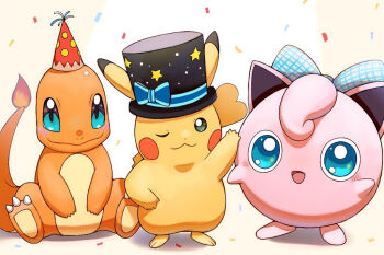 :d ;3 arm_up black_hat blue_eyes blush bow charmander claws closed_mouth commentary_request confetti fire flame-tipped_tail gen_1_pokemon hat hat_bow jigglypuff momiyon nintendo no_humans one_eye_closed open_mouth party_hat pikachu pokemon pokemon_(creature) pokemon_focus sitting smile star_(symbol) star_print tail top_hat
