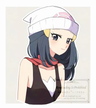 1girl beanie black_hair border closed_mouth collarbone commentary_request dawn_(pokemon) eyelashes grey_eyes hat long_hair nintendo ohn_pkmn outline pokemon pokemon_dppt red_scarf scarf shirt sleeveless sleeveless_shirt smile solo upper_body watermark white_border white_hat