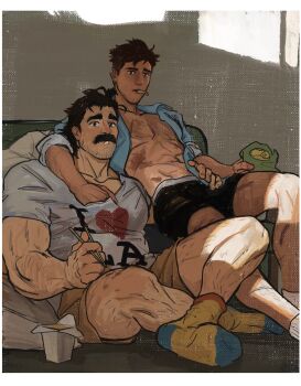 2boys aethash bare_pectorals black_male_underwear blue_shirt border brown_eyes brown_hair brown_shorts chinese_food chopsticks collarbone collared_shirt commentary dispatch english_commentary facial_hair food_in_mouth hand_in_another&#039;s_clothes hand_on_own_hip highres holding holding_chopsticks male_focus male_underwear multiple_boys mustache navel open_clothes open_mouth open_shirt pectorals phenomaman print_shirt robert_robertson shirt short_hair shorts sitting socks underwear white_border wing_collar yaoi