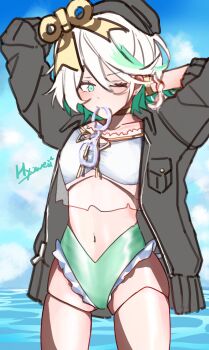 1girl absurdres arms_up bikini black_jacket blue_sky braid breasts cecilia_immergreen cecilia_immergreen_(holonatsu_paradise) colored_inner_hair day doll_joints frilled_bikini frills green_bikini green_eyes grey_hair hair_between_eyes highres hololive hololive_english jacket joints multicolored_hair navel ocean official_alternate_costume one_eye_closed outdoors sky small_breasts solo swimsuit unfinished virtual_youtuber weiiyxn white_bikini white_hair winding_key