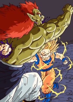 Rule 34 | 2boys, blonde hair, blood, blood from mouth, blue boots, blue eyes, bojack, boots, colored skin, commentary request, dirty, dirty clothes, dirty face, dougi, dragon ball, dragonball z, earrings, green eyes, green skin, highres, impaled, jewelry, lee (dragon garou), long hair, male focus, multiple boys, muscular, muscular male, official style, open mouth, pointy ears, punching, purple blood, red hair, serious, son gohan, super saiyan, super saiyan 2, sweatdrop, topless male, toriyama akira (style), torn clothes, wristband