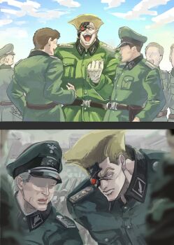 Rule 34 | 6+boys, artificial eye, battle tendency, belt, blonde hair, brown hair, cigarette, commentary request, cyborg, flattop, gloves, green hat, green jacket, grey hair, hat, highres, jacket, jojo no kimyou na bouken, male focus, mechanical eye, military hat, military uniform, mmy 816, multiple boys, nazi, no eyes, peaked cap, rudolph von stroheim, shoulder boards, wehrmacht, white gloves