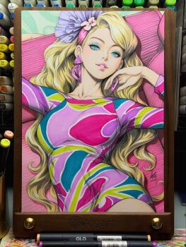 Rule 34 | 1girl, barbie (character), barbie (franchise), blonde hair, blue eyes, earrings, eyeshadow, hair ornament, highres, jewelry, lipstick, long hair, lying, makeup, solo, stanley lau, upper body, very long hair