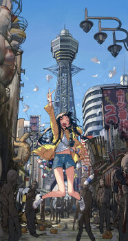 1girl absurdres backpack bag black_bag black_hair black_socks blue_sky blunt_bangs bracelet camera closed_eyes coat commentary crowd day denim denim_shorts floating_hair hand_up happy highres holding holding_camera japan jewelry jumping long_hair long_sleeves multiple_boys multiple_girls navel open_mouth original outdoors post-apocalypse real_world_location road sawkm scrunchie shirt shoes shorts single-lens_reflex_camera sky smile socks solo_focus street tower tsuutenkaku v white_shirt white_shoes wind wind_lift wrist_scrunchie yellow_coat zombie