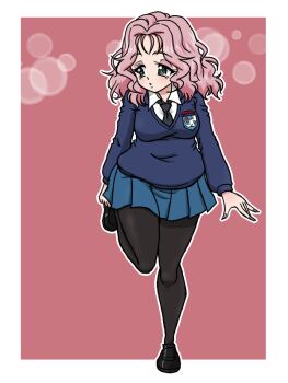 1girl black_necktie black_pantyhose blush breasts commentary_request emblem eyeshadow full_body girls_und_panzer green_eyes large_breasts makeup medium_hair miniskirt necktie open_mouth pantyhose peach_(girls_und_panzer) pink_background pink_hair school_uniform simple_background skirt solo st._gloriana&#039;s_(emblem) st._gloriana&#039;s_school_uniform takahashi_kurage