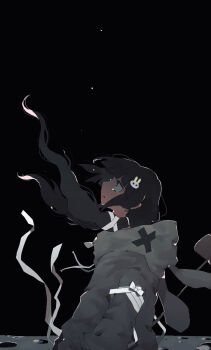 1girl animal_hood black_background black_eyes black_hair commentary_request crying crying_with_eyes_open floating_hair from_side grey_jacket hair_ornament highres hood hood_down hooded_jacket jacket long_hair long_sleeves looking_up nukunuku_nigirimeshi original parted_lips profile rabbit_hair_ornament rabbit_hood simple_background solo tears twintails upper_body