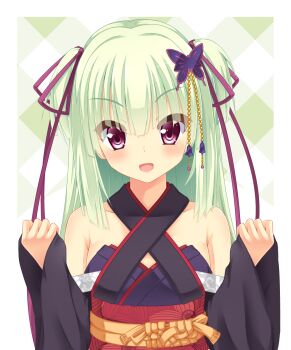 Rule 34 | 1girl, :d, argyle background, armpit crease, bare shoulders, black kimono, blunt bangs, blunt ends, blush, border, butterfly hair ornament, clenched hands, commentary request, criss-cross halter, eyes visible through hair, green hair, hair ornament, hair ribbon, halterneck, hands up, highres, hime cut, houkiboshi, japanese clothes, kimono, long hair, long ribbon, looking at viewer, murasame (senren), open mouth, outside border, purple ribbon, red eyes, red sash, ribbon, sash, senren banka, sidelocks, simple background, sleeves past wrists, smile, solo, two side up, upper body, v-shaped eyebrows, white border, wide sleeves