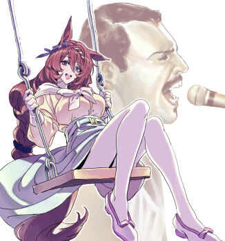 1boy 1girl animal_ears breasts brown_hair freddie_mercury high_heels highres horse_ears horse_girl long_hair microphone music nobita_(makoto7060355) on_swing open_mouth pumps singing sitting skirt super_creek_(umamusume) sweater swing swinging swinging_on_swing umamusume