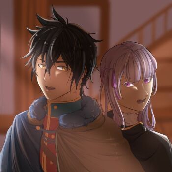 1boy 1girl back-to-back black_clover black_hair hair_ribbon handsome_man noelle_silva pink_eyes ribbon twintails yuno_(black_clover)