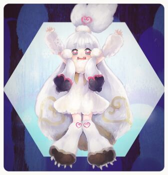 Rule 34 | 1girl, arms up, chipped tooth, comeco, commentary request, dress, full body, green eyes, itezora konayuki, katanagatari, long hair, looking at viewer, multicolored eyes, open mouth, paw shoes, pink eyes, smile, solo, very long hair, white dress, white hair