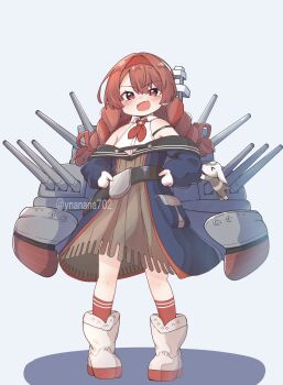 1girl 702_(naotsu) aged_down animal blush boots braid brown_hair commentary fang hair_between_eyes hair_ribbon hairband hands_on_own_hips highres kantai_collection long_hair long_sleeves nevada_(kancolle) off_shoulder open_mouth red_eyes red_hair red_hairband red_ribbon red_socks ribbon rigging simple_background skin_fang socks solo twin_braids twitter_username white_boots
