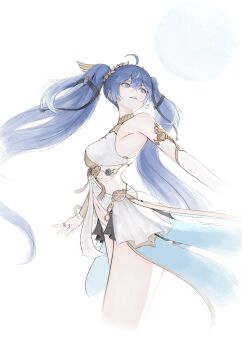 1girl absurdres ahoge ancient_greek_clothes armlet bare_shoulders black_skirt blue_eyes blue_hair commentary cropped_legs deardd gold_bra greco-roman_clothes highres iuno_(wuthering_waves) jewelry laurel_crown long_hair looking_to_the_side navel parted_lips skirt smile solo stomach thighs twintails very_long_hair wuthering_waves