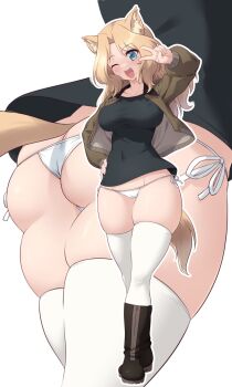 1girl animal_ears ass black_shirt blonde_hair blue_eyes blush cameltoe collarbone commentary_request covered_erect_nipples covered_navel fox_ears fox_girl fox_tail girls_und_panzer hand_on_own_hip highres kay_(girls_und_panzer) kuzuryuu_kennosuke long_hair looking_at_viewer one_eye_closed open_mouth panties shirt side-tie_panties simple_background smile solo tail thighhighs thong underwear v white_background white_panties white_thighhighs