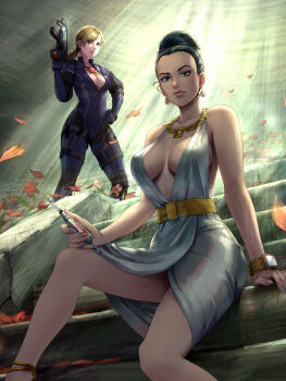 2girls black_hair blonde_hair blue_bodysuit blue_eyes bodysuit breasts cleavage dress earrings excella_gionne green_eyes highres holding holding_syringe holding_weapon jewelry jill_valentine mole multiple_girls resident_evil resident_evil_5 stup-jam syringe weapon white_dress