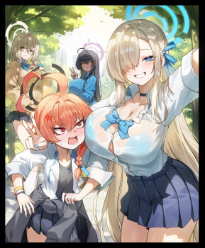 4girls absurdres ahoge akane_(blue_archive) akane_(school_uniform)_(blue_archive) anger_vein asuna_(blue_archive) asuna_(school_uniform)_(blue_archive) asymmetrical_bangs black_hair black_jacket black_shirt black_skirt blonde_hair blue_archive blue_bra blue_eyes blue_ribbon blue_sweater blush bow bowtie bra braid bralines breasts brown_eyes brown_hair brown_sweater choker cleavage clothes_around_waist collared_shirt dark-skinned_female dark_skin dress_shirt glasses grin hair_between_eyes hair_ornament hair_over_one_eye hair_ribbon hair_scrunchie halo highres huge_ahoge jacket jacket_around_waist karin_(blue_archive) karin_(school_uniform)_(blue_archive) large_breasts long_hair long_sleeves looking_at_viewer mole mole_under_eye morung multiple_girls neru_(blue_archive) neru_(school_uniform)_(blue_archive) open_mouth orange_hair pleated_skirt red_eyes ribbon scrunchie see-through_clothes shirt short_hair side_braid skirt sleeves_rolled_up small_breasts smile sweater tag thighs underwear very_long_hair white_shirt wrist_scrunchie yellow_eyes