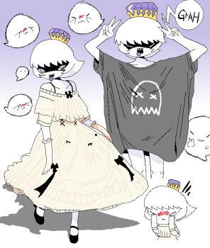 Rule 34 | > <, 1girl, absurdres, bare shoulders, black ribbon, blue eyes, blue tongue, blush, boo (mario), chewchewer, closed eyes, collarbone, colored skin, colored tongue, commentary, covering face, creature and personification, crown, double v, dress, english commentary, ghost, gradient background, highres, jaggy lines, long shirt, looking at viewer, mario (series), microsoft paint (medium), nintendo, personification, print shirt, ribbon, shaded face, shadow, sharp teeth, shirt, short hair, teeth, tongue, tongue out, v, white dress, white hair, white skin