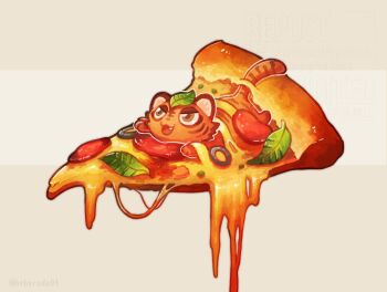 animal basil_leaf cheese commentary_request food food_focus hebaroda03 highres in_food original pepperoni pizza tiger watermark