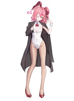 1girl animal_ears black_coat blue_hair breasts brown_pantyhose closed_mouth coat covered_navel detached_collar fake_animal_ears fishnet_pantyhose fishnets full_body green_eyes green_hair ha_en hanako_nana hashtag-only_commentary high_heels highres leotard looking_at_viewer medium_hair multicolored_hair one_eye_closed open_clothes open_coat pantyhose pink_hair playboy_bunny rabbit_ears red_shoes shoes simple_background sleepy small_breasts solo stellive streaked_hair virtual_youtuber white_background white_leotard white_wrist_cuffs wing_collar wrist_cuffs