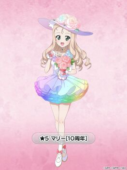 1girl blonde_hair blue_flower blush bouquet bow bridal_gauntlets character_name choker collarbone dress drill_hair flower frilled_dress frills full_body girls_und_panzer girls_und_panzer_senshadou_daisakusen! gradient_background green_eyes hair_between_eyes hand_on_own_chest hat hat_flower holding holding_bouquet jewelry layered_dress legs long_hair looking_at_viewer marie_(girls_und_panzer) necklace official_art open_mouth pink_background pink_flower pink_rose purple_flower purple_hat rainbow_dress rainbow_gradient red_bow rose shoes short_dress smile standing sun_hat thighs translated white_shoes wrist_cuffs