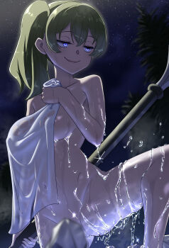 1girl absurdres breasts commentary_request completely_nude convenient_censoring covering_privates green_hair highres large_breasts long_hair night nude nude_cover oishi_kuwagata outdoors purple_eyes side_ponytail sky smile solo sousou_no_frieren standing star_(sky) starry_sky thighs tree ubel_(sousou_no_frieren) variant_set wet