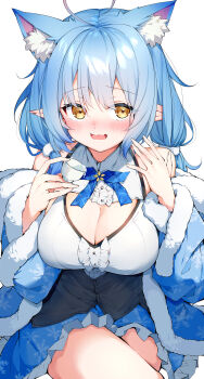 1girl absurdres ahoge animal_ear_fluff animal_ears blue_bow blue_bowtie blue_coat blue_eyes blue_hair blue_skirt blush bow bowtie breasts cat_ears center_frills cleavage cleavage_cutout clothing_cutout coat colored_tips commentary corset cup darjeeling_(reley) elf extra_ears frills fur-trimmed_coat fur_trim heart heart_ahoge highres holding holding_cup hololive large_breasts long_hair long_sleeves looking_at_viewer multicolored_hair off_shoulder official_alternate_hairstyle open_mouth pointy_ears print_coat print_skirt revision shirt simple_background skirt smile snowflake_print solo symbol-only_commentary very_long_hair virtual_youtuber white_background white_shirt yellow_eyes yukihana_lamy yukihana_lamy_(1st_costume)