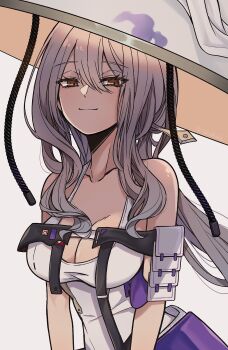 1girl armor bare_shoulders breasts cleavage closed_mouth collarbone goddess_of_victory:_nikke grey_hair hat highres japanese_armor jingasa large_hat leotard long_hair looking_at_viewer medium_breasts saizuki scarlet_(nikke) shoulder_armor simple_background smile sode solo white_background white_leotard yellow_eyes