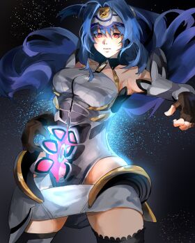 Rule 34 | 1girl, 4me3ba niku, android, black gloves, black thighhighs, blue hair, breasts, closed mouth, commentary request, floating hair, forehead protector, gloves, highres, kos-mos, large breasts, long hair, red eyes, scene reference, solo, space, thighhighs, xenosaga, xenosaga episode i