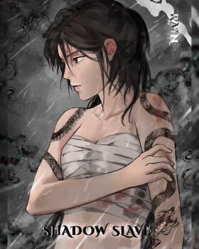 1girl absurdres aphora arm_tattoo bandaged_torso bandaid bandaid_on_arm black_hair blood blood_on_face commentary english_commentary hand_on_own_arm highres long_sidelocks looking_to_the_side outdoors rain rain_(shadow_slave) serious shadow_slave short_hair sidelocks snake_tattoo tattoo upper_body