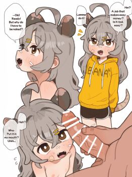 1boy 1girl ahoge bandaid bandaid_on_cheek bandaid_on_face bandaid_on_nose bar_censor black_shorts brown_eyes censored dolphin_shorts drawstring english_text fangs flat_chest grey_hair hair_between_eyes hair_ornament hairclip hetero highres hood hoodie loli long_hair macci_(possummachine) multiple_views nipples nude open_mouth original penis penis_on_face possum_ears possum_girl possum_tail possummachine short_shorts shorts simple_background speech_bubble white_background yellow_hoodie