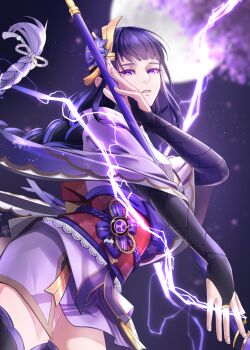 1girl abyss-and-dark arm_up blunt_bangs blurry blurry_background braid bridal_gauntlets cherry_blossoms commentary depth_of_field electricity engulfing_lightning_(genshin_impact) full_moon genshin_impact glowing hair_ornament hair_ribbon highres holding holding_polearm holding_weapon japanese_clothes kimono long_braid long_hair looking_at_viewer mitsudomoe_(shape) mole mole_under_eye moon moonlight multicolored_eyes multicolored_hair night parted_lips polearm powering_up purple_eyes purple_hair purple_kimono purple_nails purple_thighhighs raiden_shogun red_sash ribbon sash shade single_braid sky solo standing star_(sky) starry_sky streaked_hair thighhighs tomoe_(symbol) upper_body weapon wide_sleeves