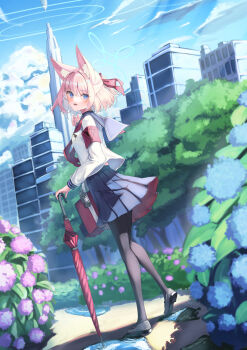 1girl :d aki_tsune animal_ear_fluff animal_ears armband black_pantyhose black_sailor_collar black_shoes black_skirt blue_archive blue_eyes blue_flower blue_halo blue_sky blunt_bangs blush cloud commentary cumulonimbus_cloud day dutch_angle eyes_visible_through_hair floating_hair flower fox_ears fox_girl from_side full_body hair_intakes hair_ribbon half_updo halo highres holding holding_umbrella loafers long_sleeves looking_at_viewer medium_hair miniskirt neckerchief niko_(blue_archive) open_mouth outdoors pantyhose park pink_hair pleated_skirt ponytail puddle purple_flower red_armband red_neckerchief red_ribbon red_umbrella ribbon ripples sailor_collar scenery school_uniform serafuku shirt shoes short_ponytail skirt sky smile solo tree umbrella white_shirt