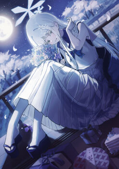 Rule 34 | 1girl, absurdres, bare arms, blue archive, blue bow, blue flower, blue haori, blush, bouquet, bow, closed mouth, flower, hair ornament, halo, haori, highres, holding, holding bouquet, japanese clothes, long hair, looking at viewer, nagusa (blue archive), parted bangs, purple flower, sandals, scenery, shirt, sidelocks, skirt, sleeveless, sleeveless shirt, smile, snowflake hair ornament, socks, solo, sxrxri a, tree, white eyes, white hair, white halo, white skirt, white socks