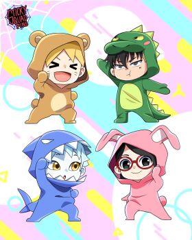 &gt;_&lt; 1girl 3boys :o animal_costume animal_ears artist_collaboration bear_costume bear_ears black_eyes black_hair blonde_hair blue_hair blue_skin boruto:_naruto_next_generations chibi colored_skin commentary dinosaur_costume english_commentary facial_mark fake_animal_ears fake_tail gravityglitches heyreza.art highres kawaki_(boruto) mitsuki_(naruto) multicolored_hair multiple_boys naruto_(series) open_mouth outstretched_arms pout rabbit_costume rabbit_ears shark_costume sharp_tail smile tail two-tone_hair uchiha_sarada uzumaki_boruto whisker_markings yellow_eyes